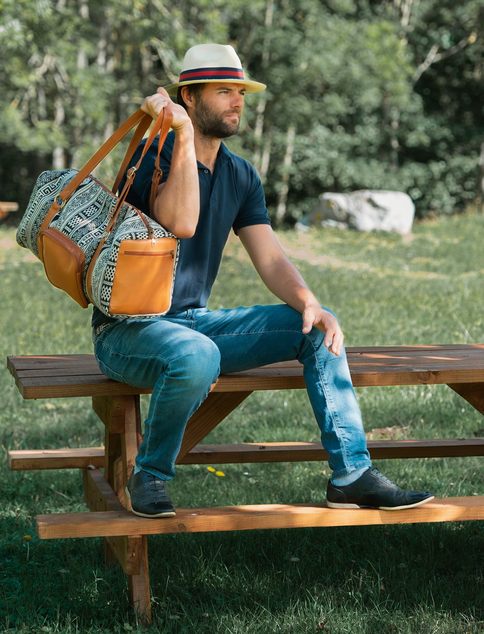 Sac de Voyage en Cuir Véritable et tissu ethnique