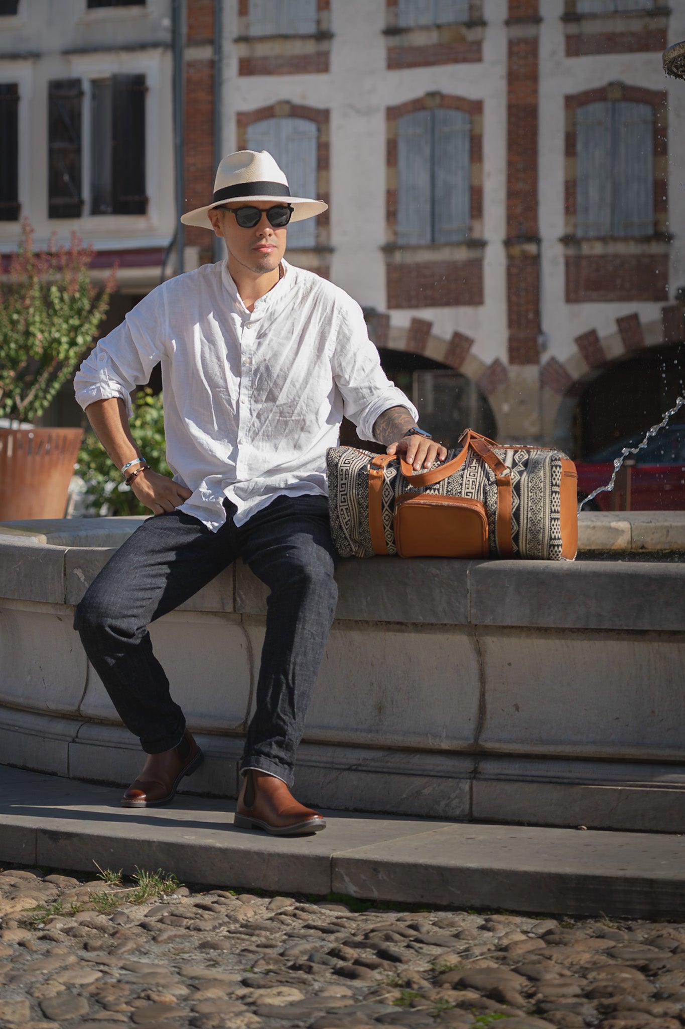 Sac de Voyage en Cuir Véritable et tissu ethnique
